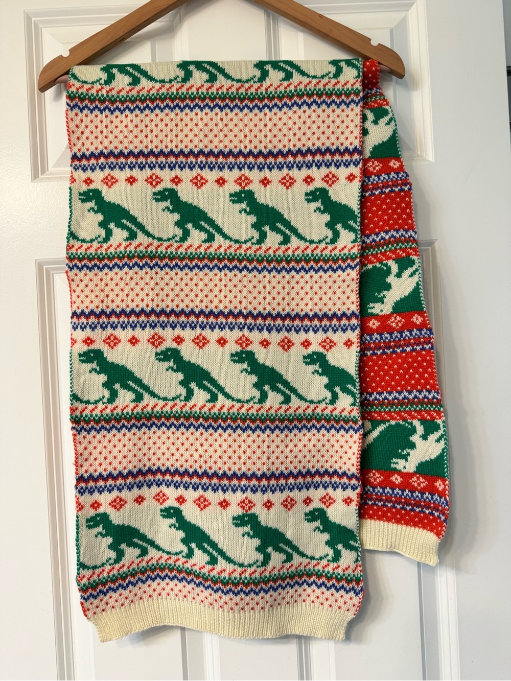 Modcloth Cream, Green & Red Dinosaur Knit Scarf